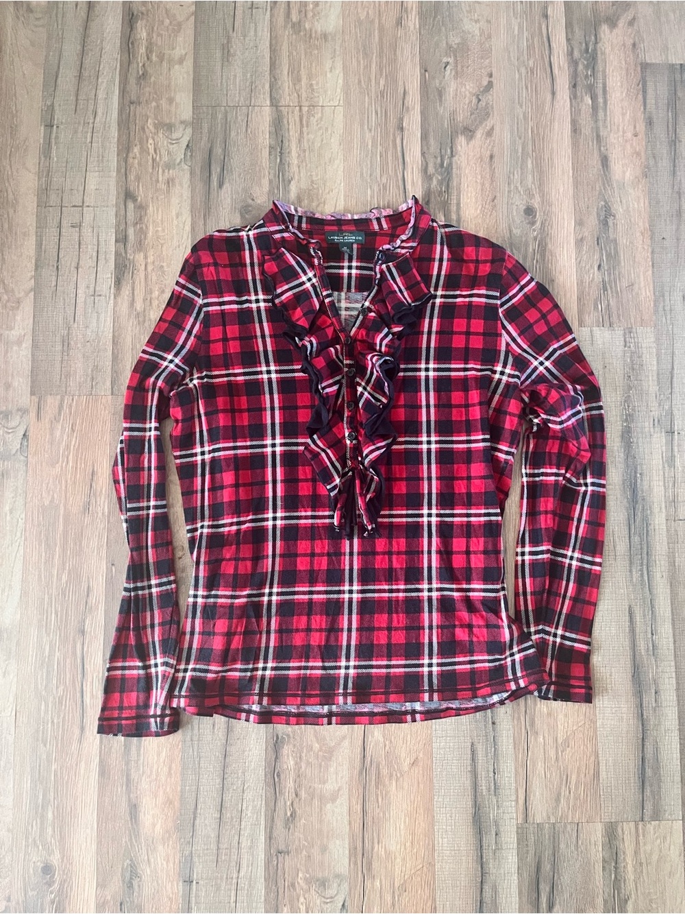 Ralph Lauren Red and Black Plaid Ruffle-Front Long Sleeve Top